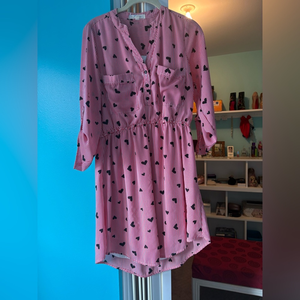Red Striped Heart Print Shirt Dress